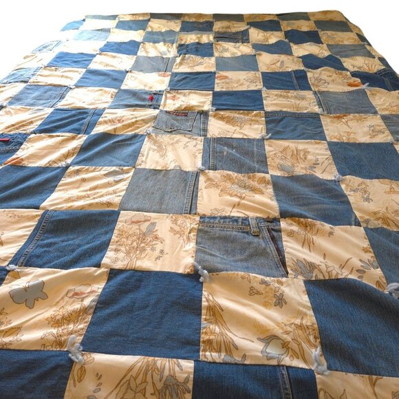 Vtg 70s Denim Blue Jeans Patchwork Crazy Quilt Pockets Labels Butterfly F/Queen - Picture 2 of 16